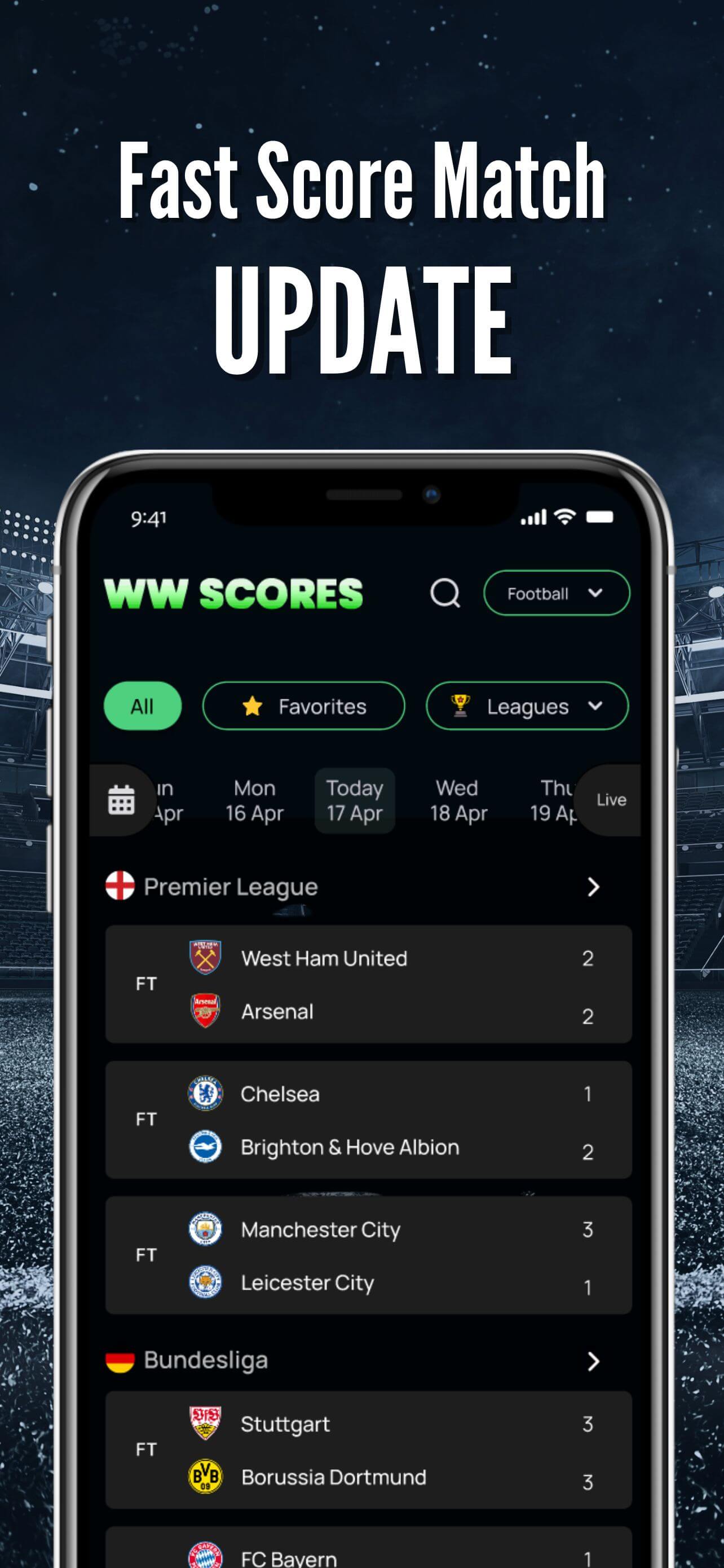WWscores home screen – today’s live matches